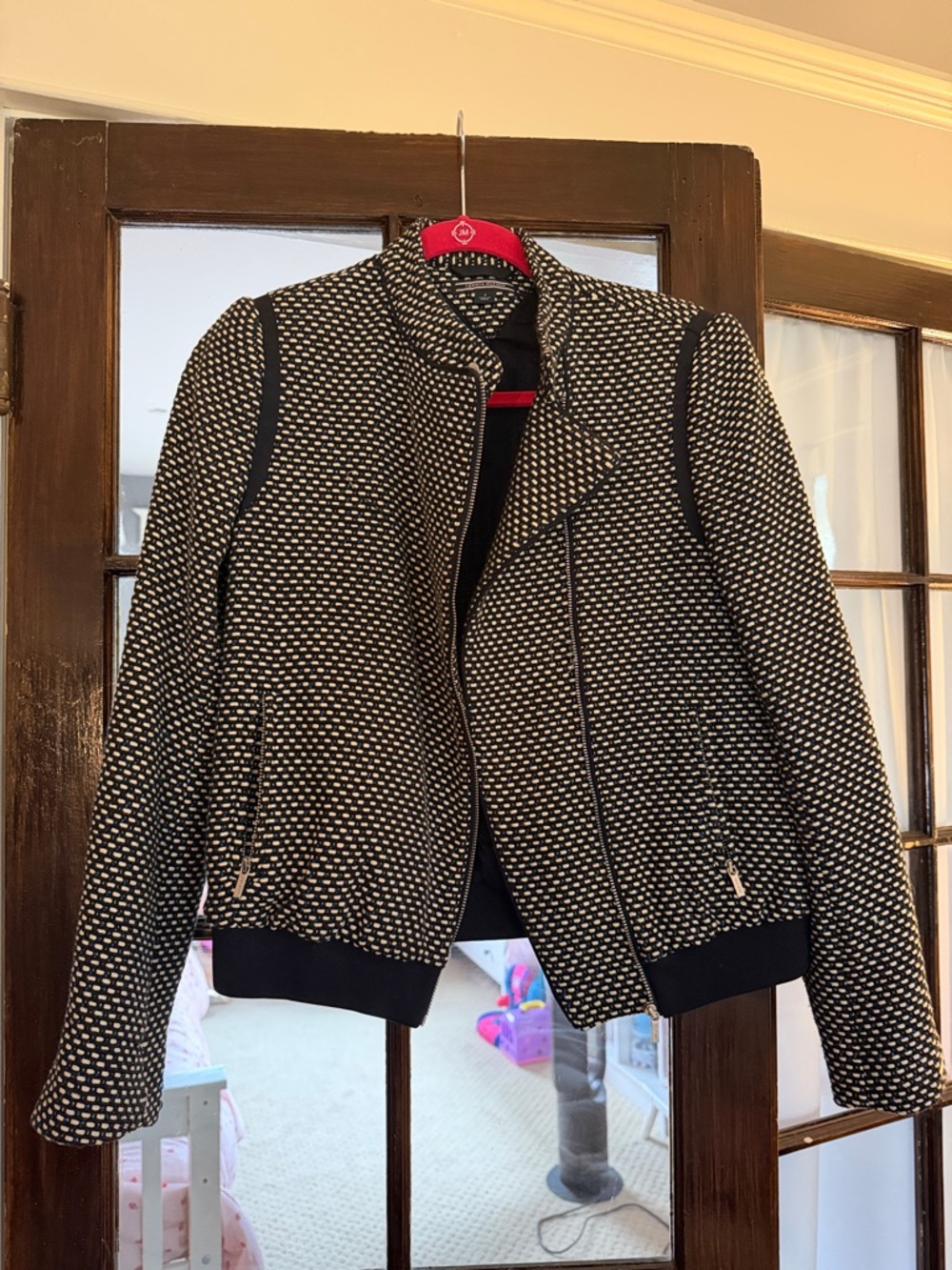 Black and White Bouclé Zip-Front Women's Jacket